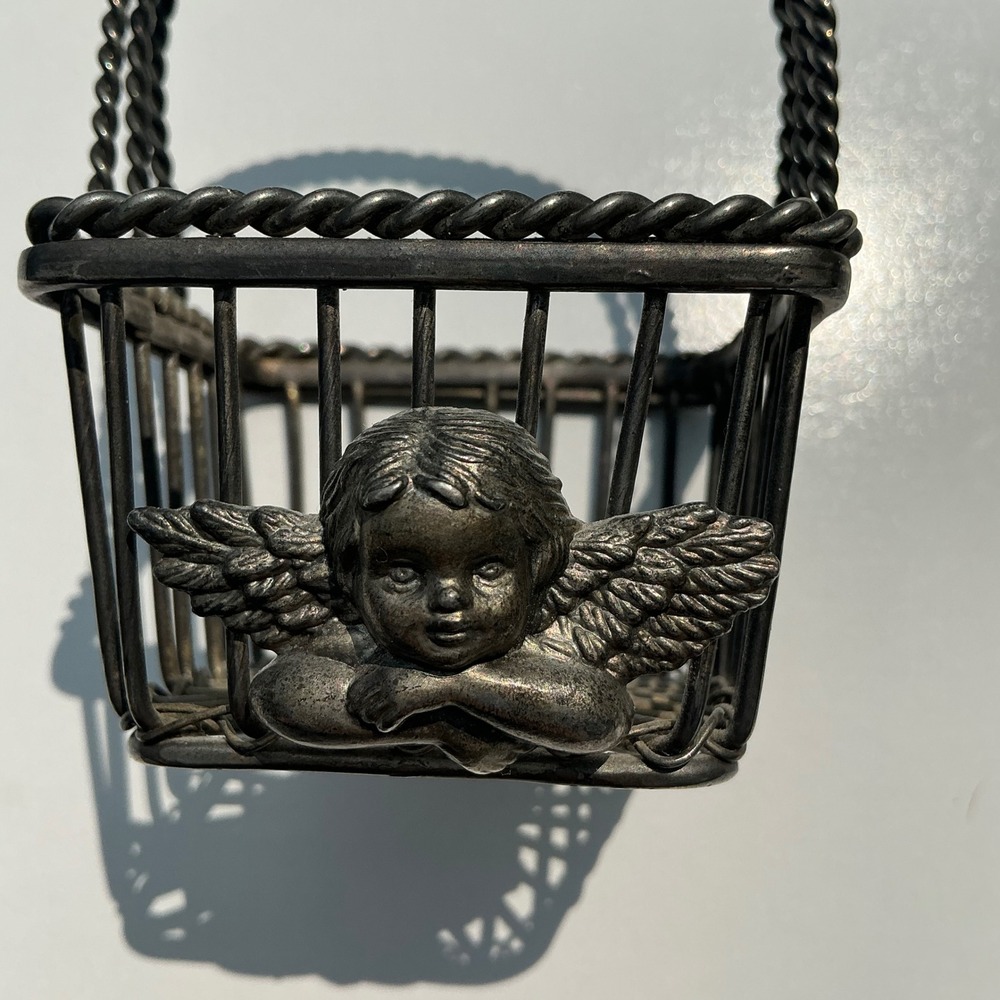 Vintage Silver Tone Cherub Wire Basket Mini Decorative Trinket Holder Angel